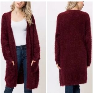 Pretty Chelsea & Theodore Burgundy long furry eyelash sweater